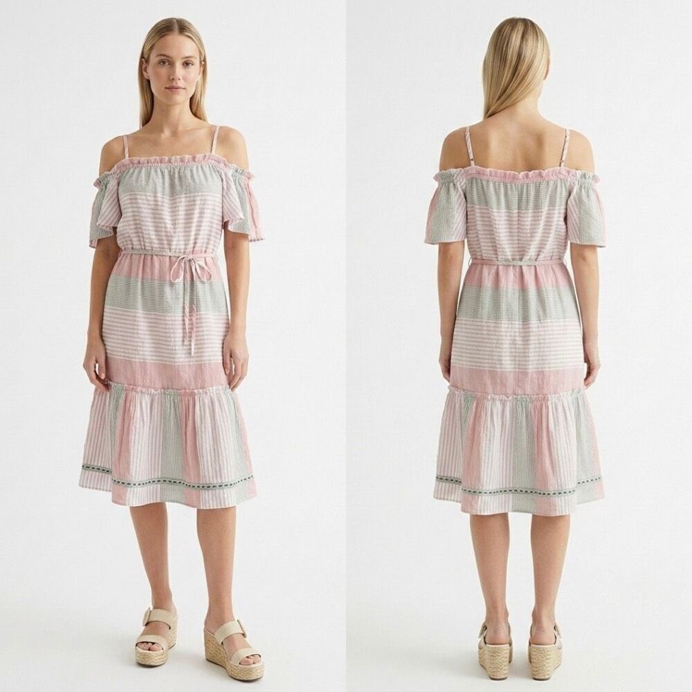 Lemlem Pink Striped Cold Shoulder Ruffle Tiered Midi Dress Small Boho Resort